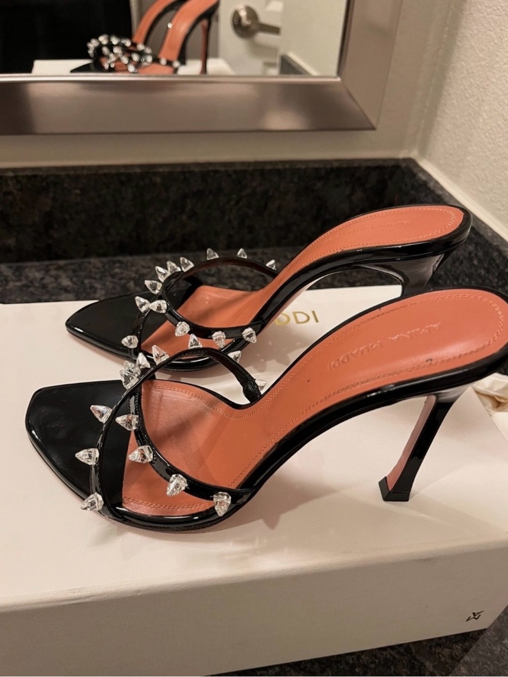 Amina Muaddi Black Patent Crystal-Stud Stiletto Mules